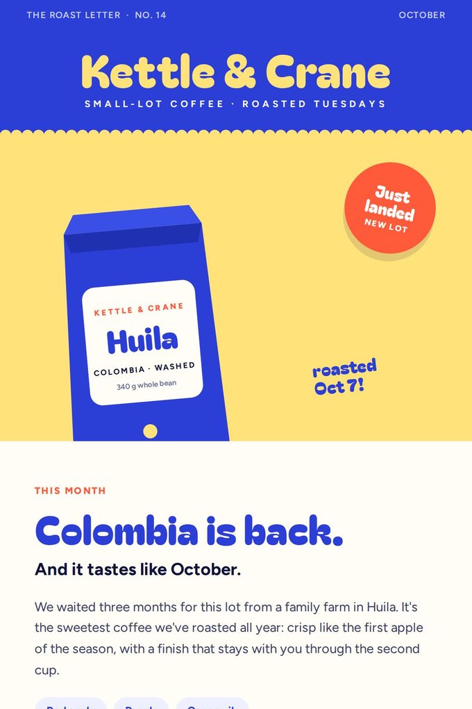 Newsletter sample for a specialty coffee roaster
